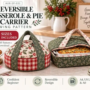 May include: A sewing pattern for a reversible casserole and pie carrier featuring two fabric designs: a round carrier with red plaid and holly print, and a rectangular carrier with green holly print and red snowflake trim, both with handles.