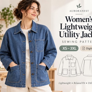 Patrón de costura para chaqueta utilitaria ligera de mujer, chaqueta de trabajo sin forro, tallas XS–3XL