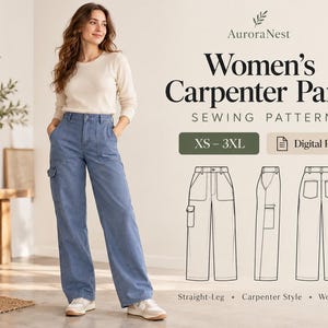 May include: A digital sewing pattern for carpenter pants by AuroraNest, featuring a technical line drawing of the straight-leg design with side pockets. The text reads Women's Carpenter Pants, Sewing Pattern, XS-3XL, and Digital PDF.