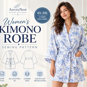 Mönster för kimono-morgonrock för kvinnor, avslappnad V-ringning, XS-3XL (PDF-nedladdning)