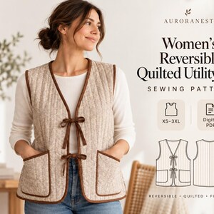 Patrón de costura para chaleco acolchado reversible, chaleco utilitario con lazo frontal para mujer, tallas XS–3XL