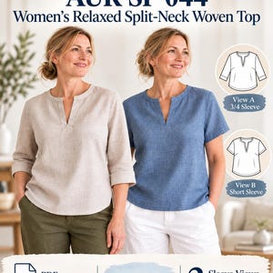 May include: A sewing pattern for a relaxed split-neck woven top titled AUR-SP-044 by AuroraNest. The pattern includes two sleeve options: View A with 3/4 sleeves and View B with short sleeves. The PDF pattern is available in sizes XS through 4XL.
