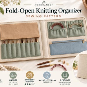 May include: A fold-open knitting organizer sewing pattern by Auroranest. The beige fabric case features sage green pockets for needles, a blue zippered pouch, and orange ribbon ties. Includes digital PDF files for A4, US Letter, and A0 sizes.