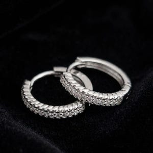 May include: A pair of silver-toned hoop earrings featuring a twisted rope-like texture on the outer edge, accented with a row of small, clear, sparkling stones embedded along the front surface of each circular hoop.