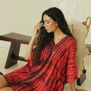 Vestido caftán rojo con estampado tie-dye, ropa de estar por casa y pijamas de rayón para mujer, bata caftán