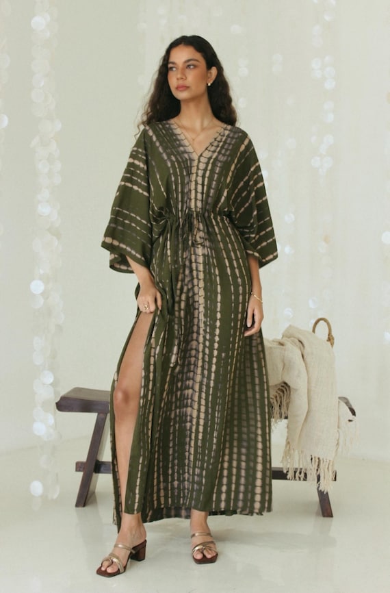 olive green tie dye dress Shibori Maxi Kaftan, Balinese Handcrafted Rayon Lounge Wear retro