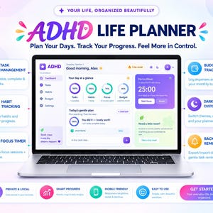 ADHD Digital Life Planner | Task, Habit, Budget Tracking (HTML File)