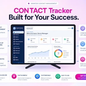 Könnte beinhalten: Eine digitale Kontaktmanagement-Softwareoberfläche auf einem Monitor. Das Dashboard zeigt Kennzahlen, ein Liniendiagramm und ein Kreisdiagramm. Umgebende Textfelder heben Funktionen wie Kontaktverwaltung, Nachverfolgung und Berichte hervor.