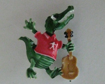 Alligator Anti Izod Enamel Brooch Pin Vintage Green Red Guitar Croc Crocodile Anti Preppy