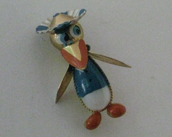 Thin Donald Duck Robotic Puffy Pearly Painted Gold Brooch Pin Vintage Spain Bird Blue White Navy