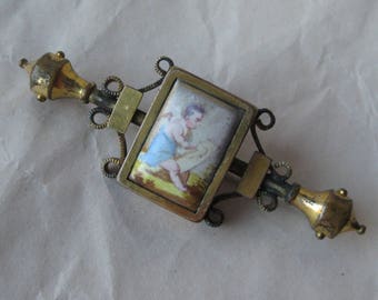 Shabby Baby Artist Brooch Pin Gold Porcelain Filigree Vintage Bar Drawing Painting