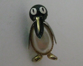 Penguin Robotic Puffy Pearly Painted Brass Brooch Pin Vintage Spain Bird Black White