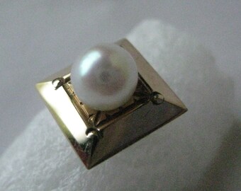 Pearl 14K Solid Yellow Gold Square Tie Tack Lapel Pin Vintage Karat KT