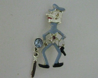 Police Man Cop Blue Dangle Club Brooch Pin Vintage Silver Rhinestone Gun