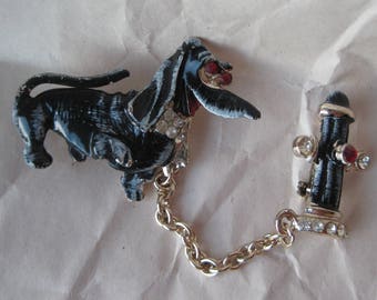 Dog Hydrant Black Pin Brooch Rhinestone Silver Chain Dangle Vintage Red Clear Fire Puppy