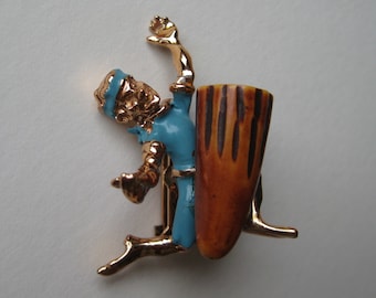 Man Drum Dancer Bakelite Blue Yellow Brooch Pin Vintage Gold Tone Enamel Paint Charles Worth