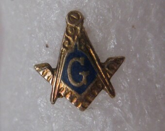 Masonic 10K Solid Yellow Gold Pin Tie Tack Lapel Vintage Enamel Karat KT Masons Square Compass Blue