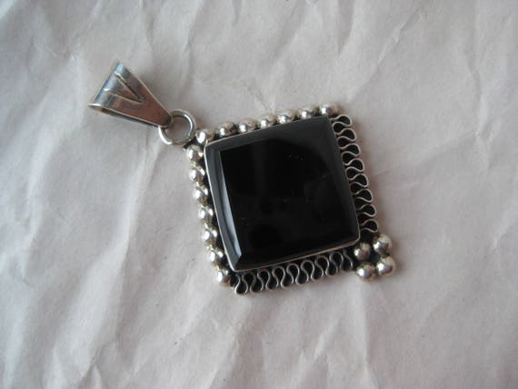 Onyx Square Filigree Sterling Pendant Stone Silve… - image 2