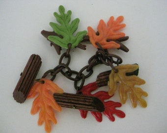 Oak Leaves Fall Autumn Logs Dangle Brooch Pin Vintage Celluloid Plastic Orange Red Gold Green Brown