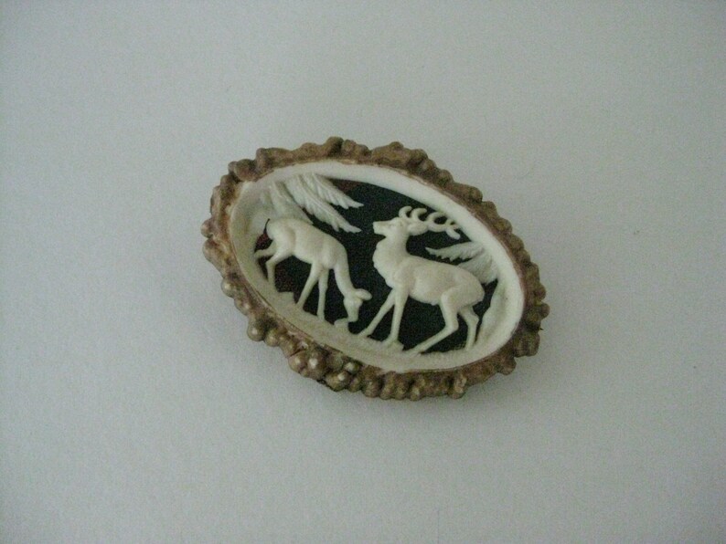 Stag Deer French Cut Scene Celluloid Brooch Pin Vintage Plastic