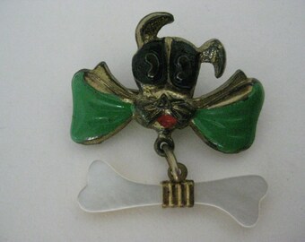 Dog Puppy Bone MOP Green Dangle Brooch Pin Vintage Mother of Pearl