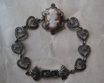 Cameo Marcasite Heart Sterling Link Bracelet Vintage Silver 925 Orange White Woman