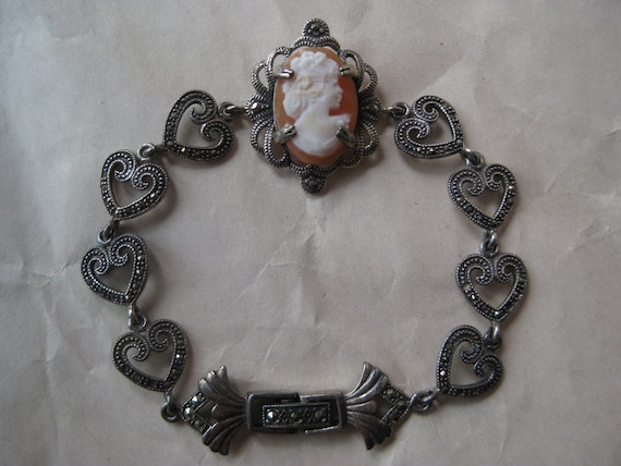 Cameo Marcasite Heart Sterling Link Bracelet Vint… - image 1