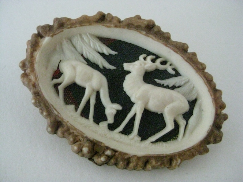 Stag Deer French Cut Scene Celluloid Brooch Pin Vintage Plastic