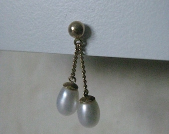 Single - Pearl Dangle Teardrop 14K Yellow Gold Post Earring Vintage Karat KT Solid Pierced Stud (only 1 earring)