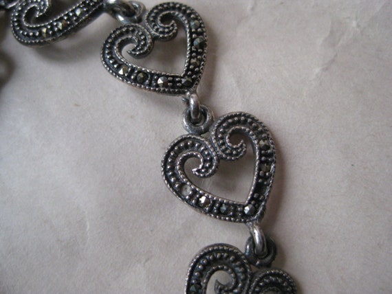 Cameo Marcasite Heart Sterling Link Bracelet Vint… - image 6