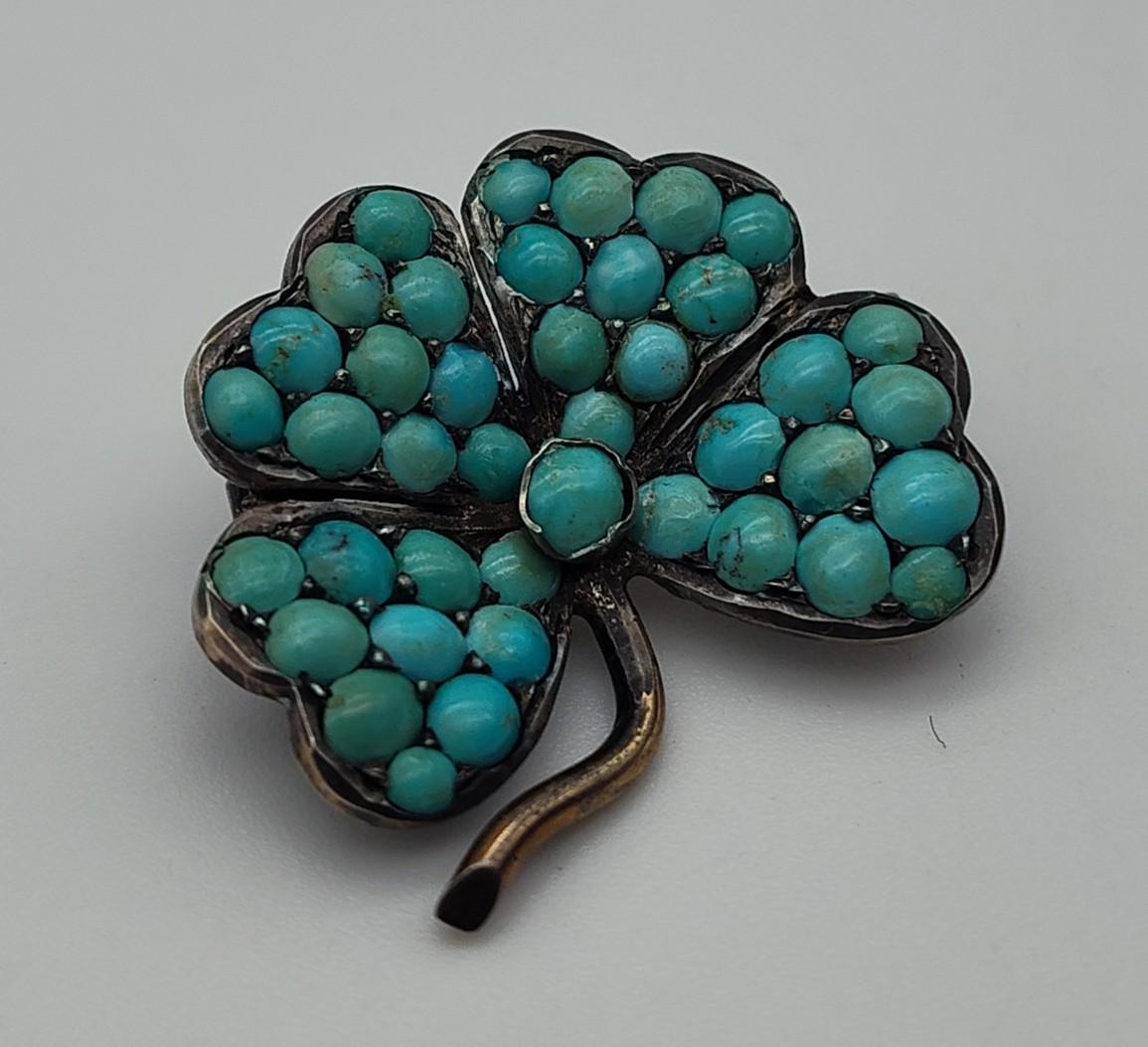 Antique Turquoise Paved 4 Leaf Clover 800 Silver Pin Brooch  display picture 3