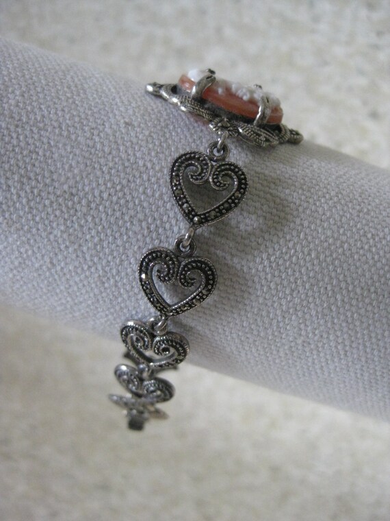 Cameo Marcasite Heart Sterling Link Bracelet Vint… - image 3