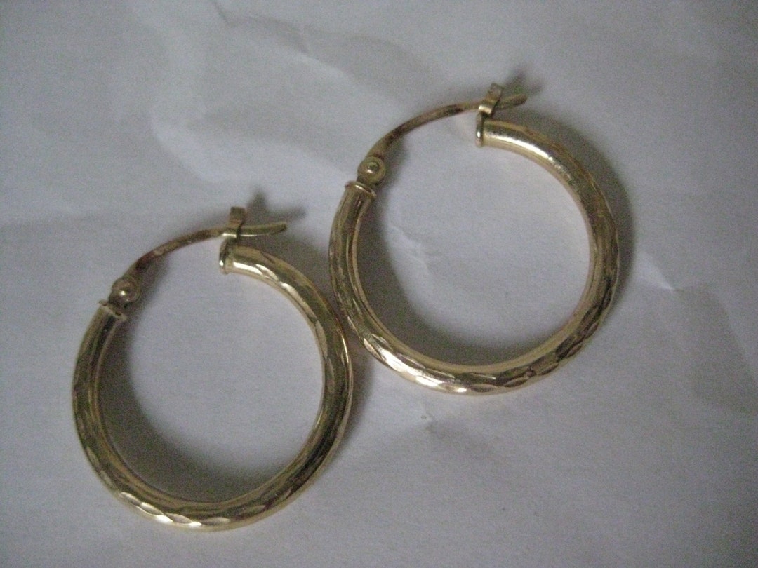 14K Hoop Tube Yellow Gold Diamond Cut Earrings Vintage Karat - Etsy
