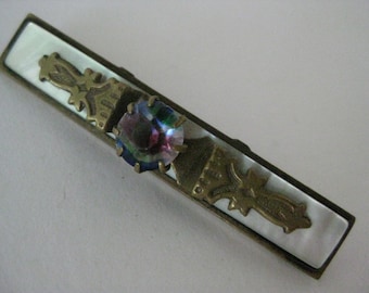 Iris Stone Victorian Bar Brooch Brooch Pin Vintage Mother of Pearl Pink Blue Clear Gold MOP