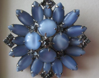 Flower Brooch Rhinestone Silver Blue Pin Vintage