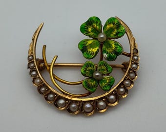 Antique 10K Yellow Gold Honeymoon 4 Leaf Clover Enamel Pearl Crescent Green Brooch Lapel Pin