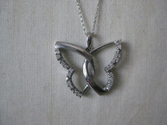 Butterfly Clear Stone Pendant 10K White Gold Neck… - image 2