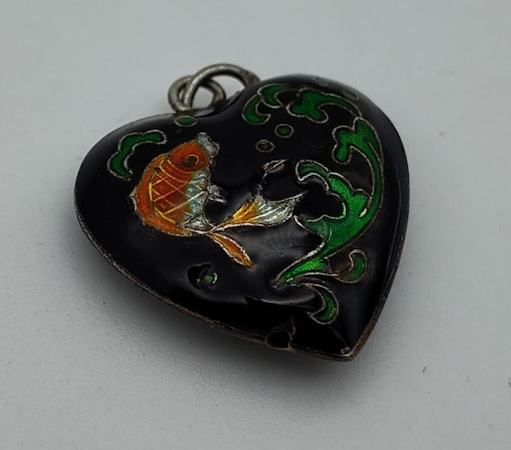 Vintage Enamel Koi Fish Heart Black Orange Green 800 Silver Cloisonne Pendant Charm