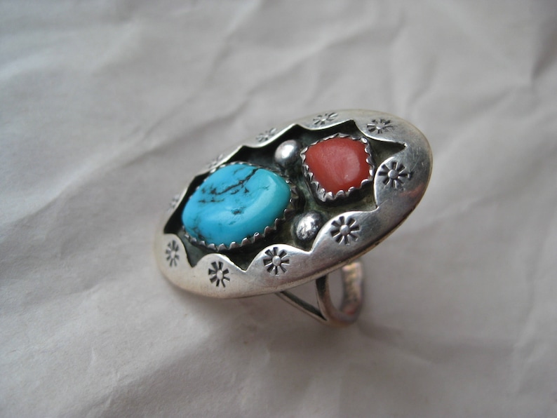 Turquoise Coral Sterling Ring Vintage Stone Shadow 925 Silver Size 7 14 Blue Native American