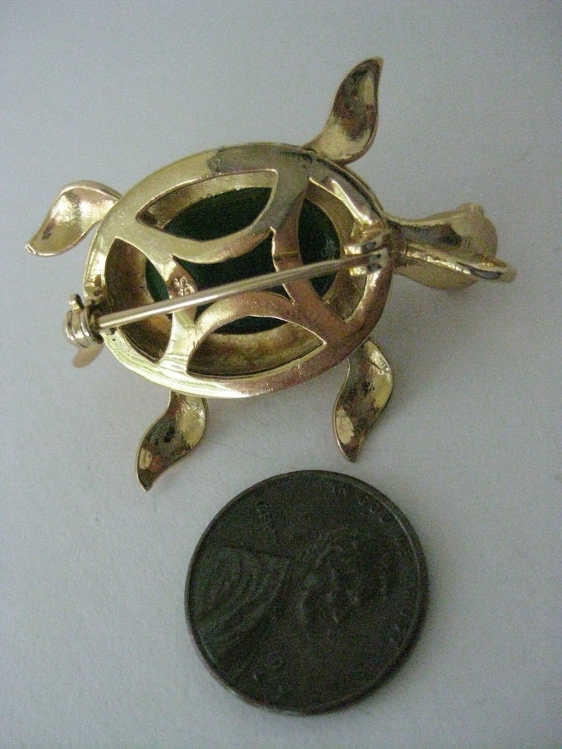 Sea Turtle Scarab Jade Green Stone Gold Vermeil Brooch Pin Vintage Sterling Silver Articulated Pendant