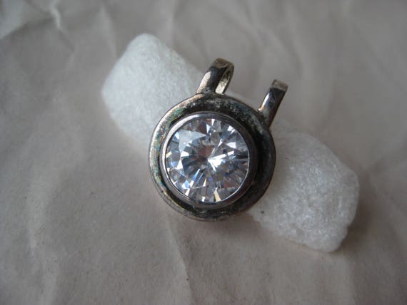 Round Crystal Stone Sterling Pendant Clear Silver… - image 1