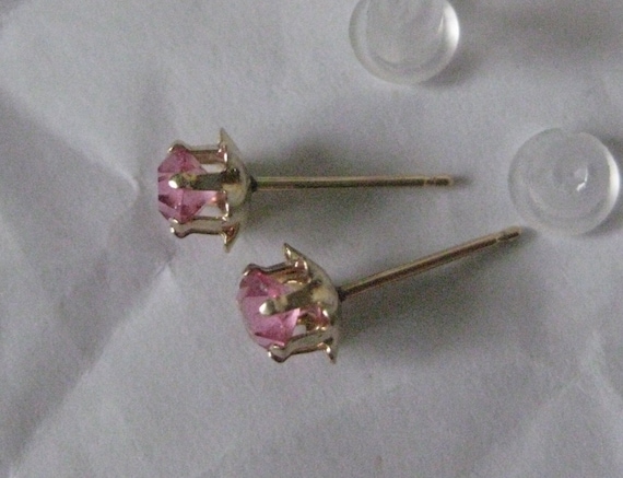 14K Pink Stone Stud Yellow Gold Earrings Vintage … - image 1