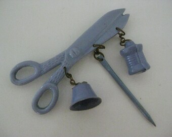 Scissors Needle Thimble Spool Dangle Brooch Pin Vintage Celluloid Plastic Blue Seamstress RARE