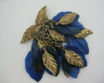 Leaves Blue Gold Cluster Dangle Brooch Pin Vintage Celluloid Plastic RARE