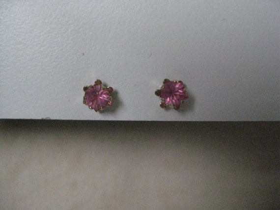 14K Pink Stone Stud Yellow Gold Earrings Vintage … - image 2