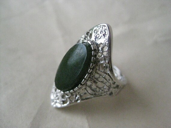 Jade Marquise Filigree Sterling Ring Vintage Ston… - image 1
