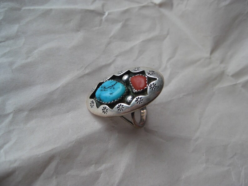 Turquoise Coral Sterling Ring Vintage Stone Shadow 925 Silver Size 7 14 Blue Native American