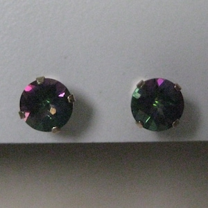 14K Mystic Fire Topaz Stud Yellow Gold Earrings Vintage Karat KT Solid Pierced Post Purple Blue Green Rainbow 7mm