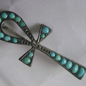 Victorian Ankh Turquoise Blue 800 Silver Brooch Pin Vintage RARE