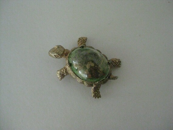 Turtle Dried Flowers Green Gold Brooch Dome Windo… - image 2